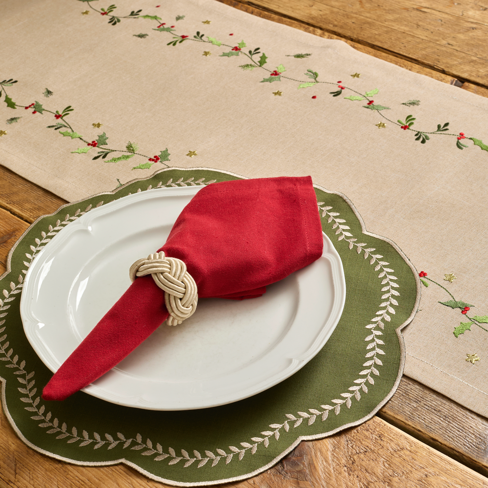 Walton & Co Scalloped Embroidered Leaf Placemat, Green