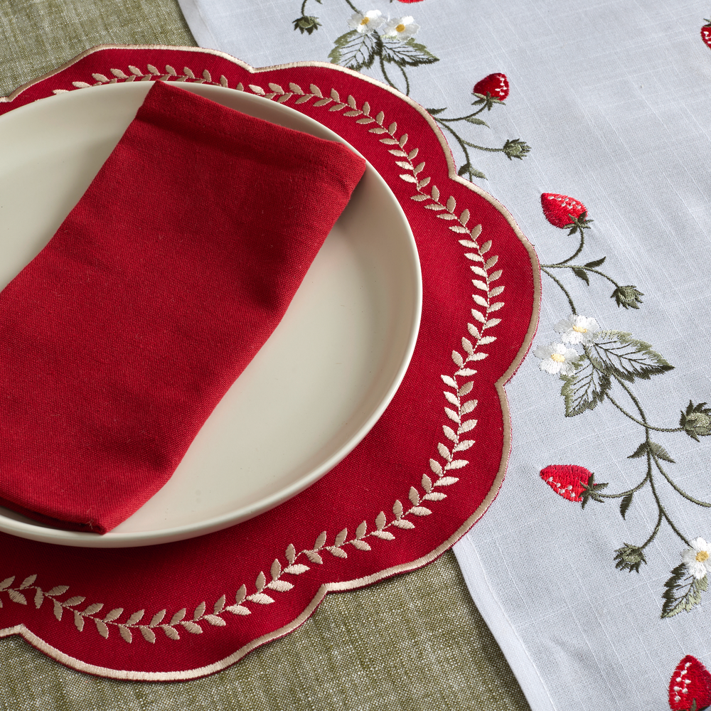 Walton & Co Scalloped Embroidered Leaf Placemat, Red