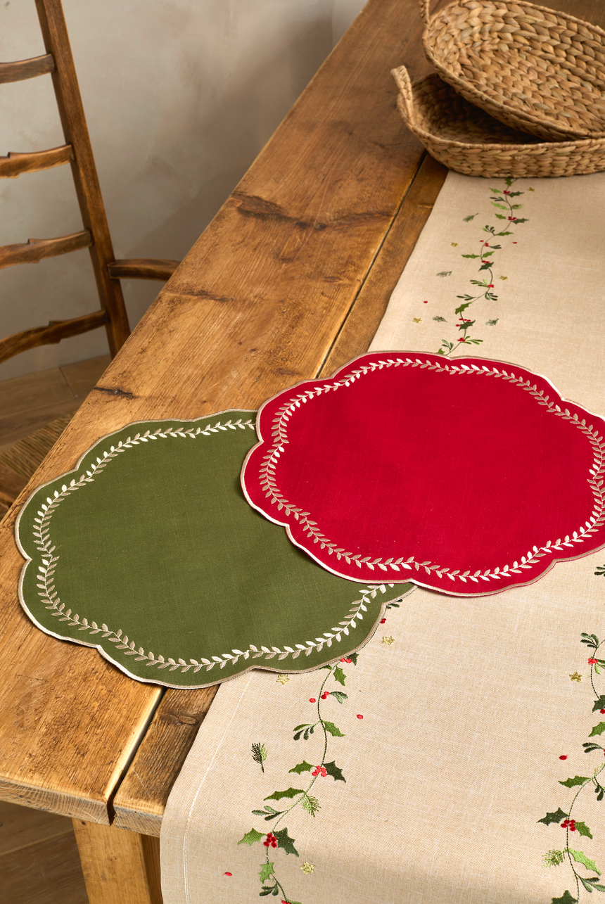 Walton & Co Scalloped Embroidered Leaf Placemat, Red