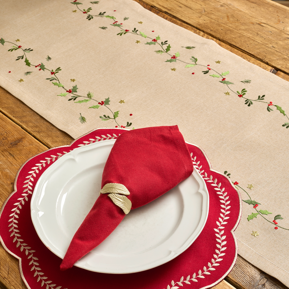 Walton & Co Scalloped Embroidered Leaf Placemat, Red