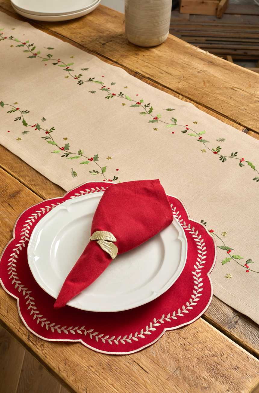 Walton & Co Scalloped Embroidered Leaf Placemat, Red