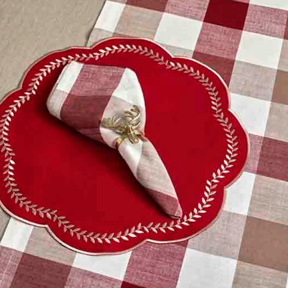 Walton & Co Scalloped Embroidered Leaf Placemat, Red