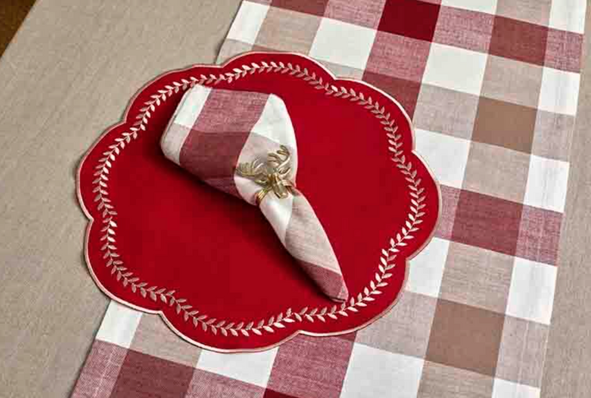 Walton & Co Scalloped Embroidered Leaf Placemat, Red