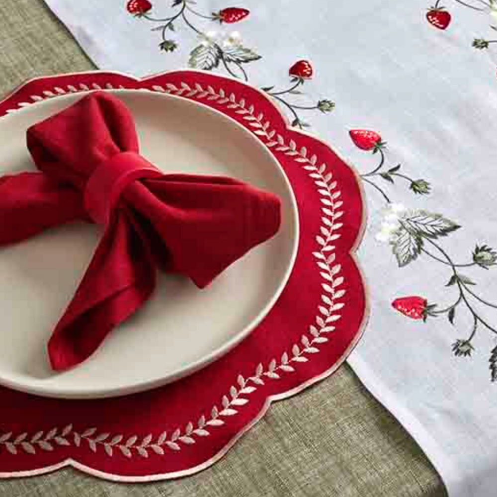 Walton & Co Scalloped Embroidered Leaf Placemat, Red