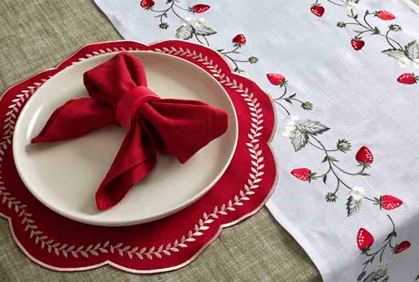Walton & Co Scalloped Embroidered Leaf Placemat, Red