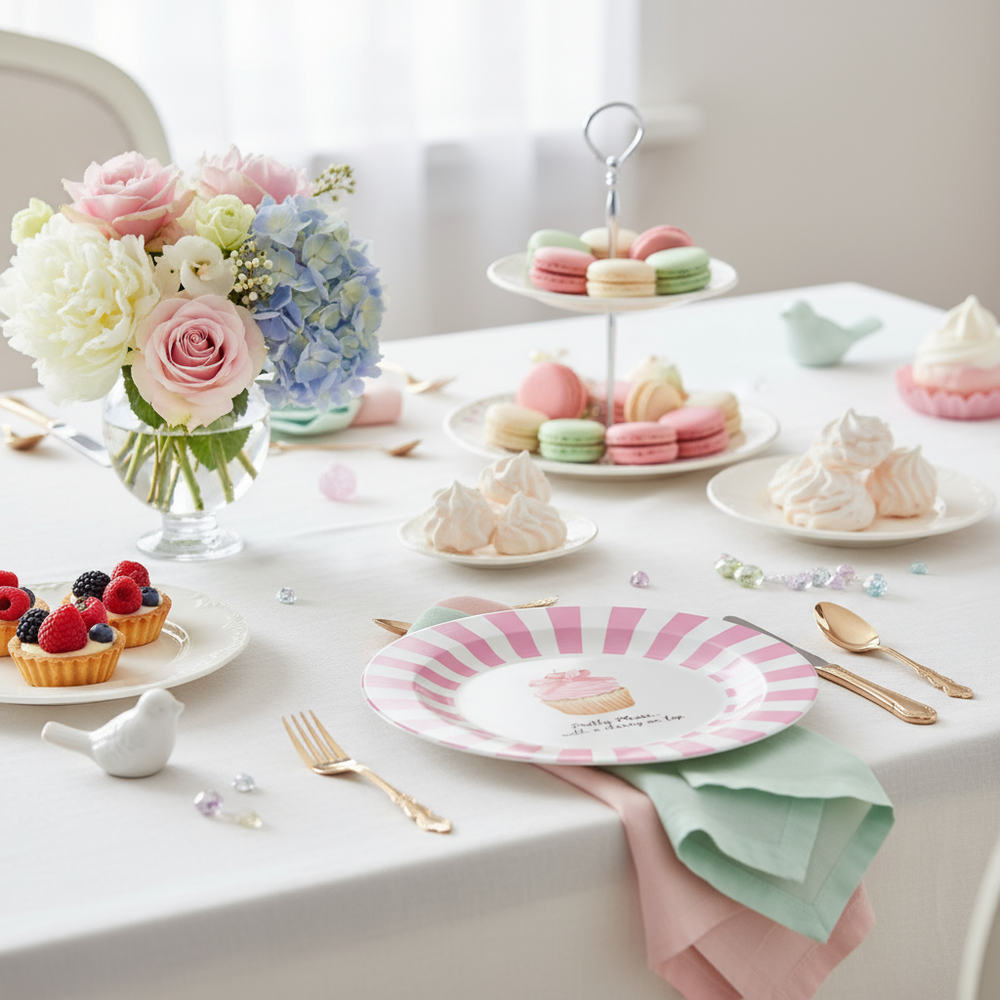 Decorative plate with pink and white striped border and cupcake illustration