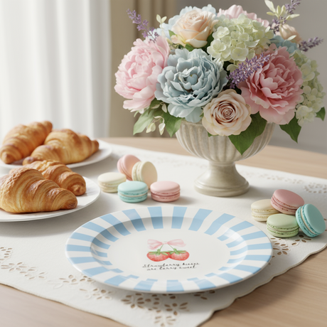 Round plate with blue and white striped rim, strawberry design, and text 'Strawberry kisses are berry sweet' on a white background.