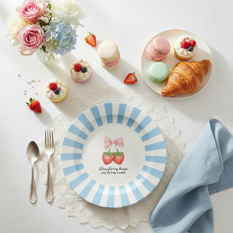 Round plate with blue and white striped rim, strawberry design, and text 'Strawberry kisses are berry sweet' on a white background.