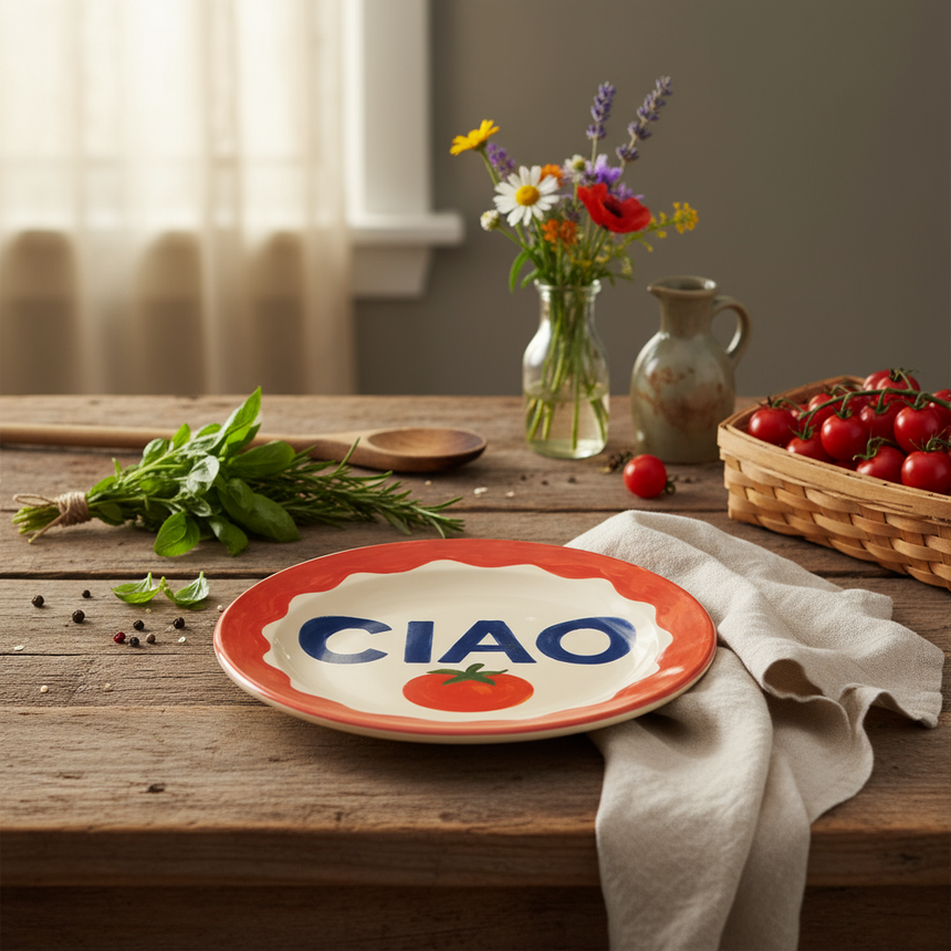 Ceramic plate with 'CIAO' and a tomato illustration on a red border