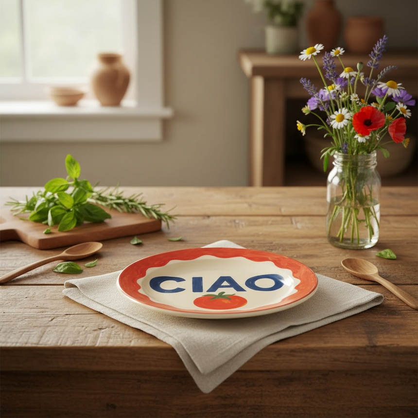Ceramic plate with 'CIAO' and a tomato illustration on a red border