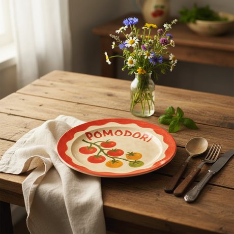 Ceramic plate with 'Pomodori' and tomato design on a white background