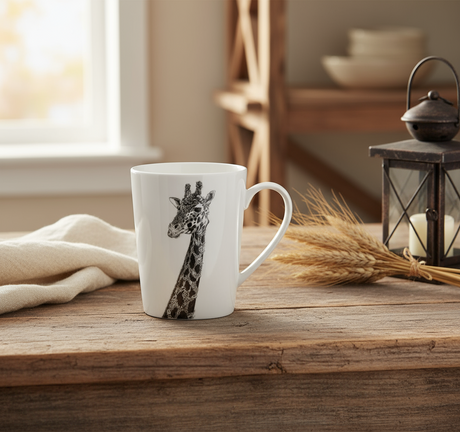 White mug with a black and white giraffe illustration on a white background
