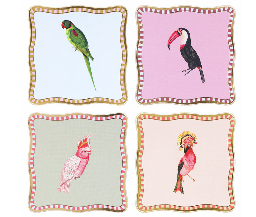Four decorative coasters with bird illustrations on a white background
