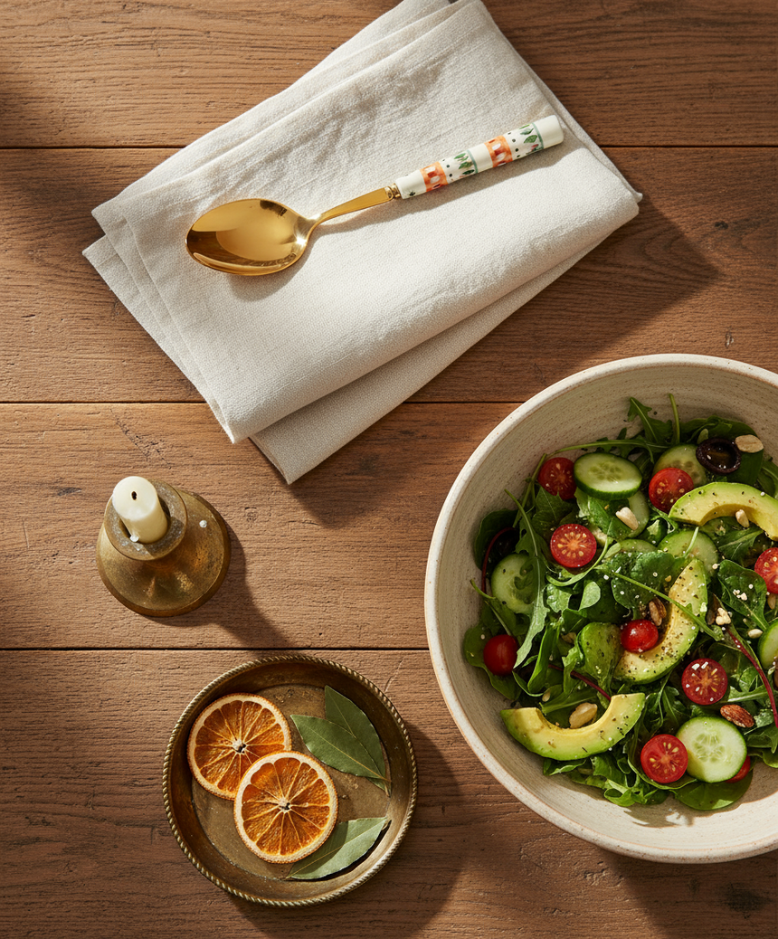 Spoon and fork set with decorative handles on a white background
