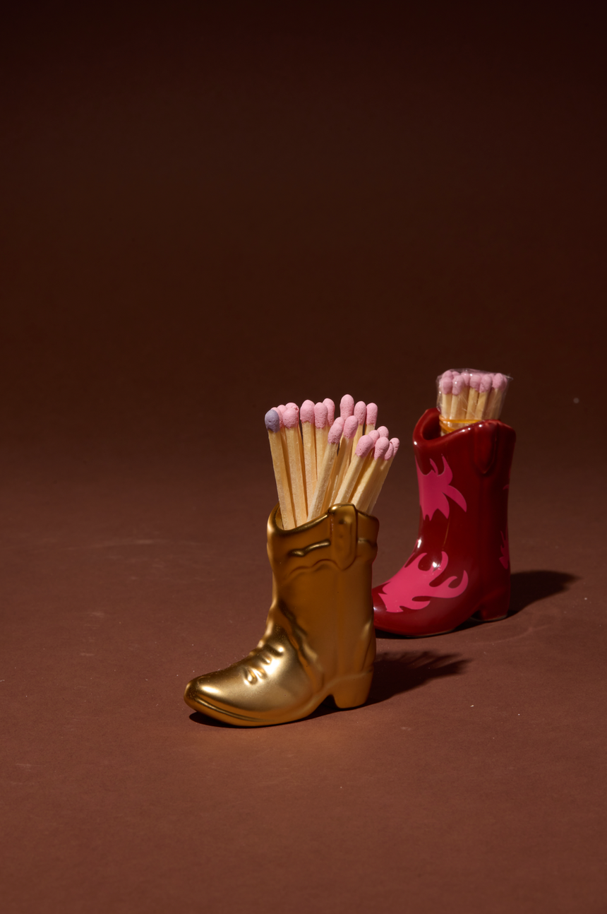 Paddywax Nashville Ceramic Cowboy Boot Match Holder, Red & pink