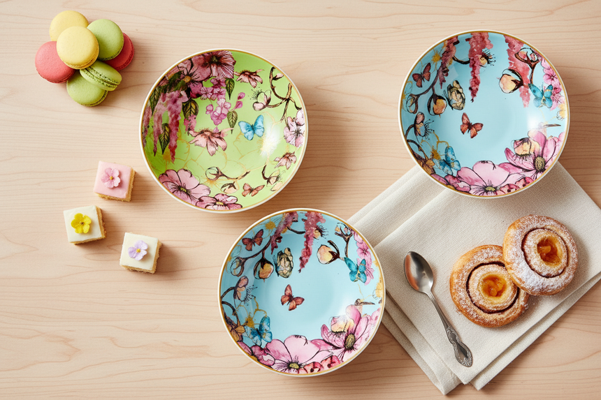 Four colorful ceramic bowls with floral and butterfly designs on a beige surface.