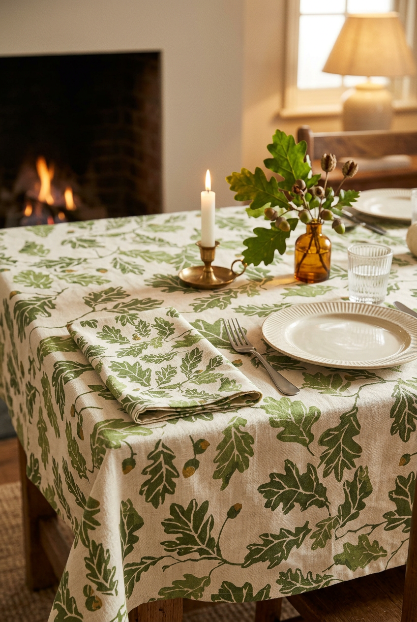 A rectangular fabric tablecloth featuring a green oak leaf and acorn pattern on a warm cream background.