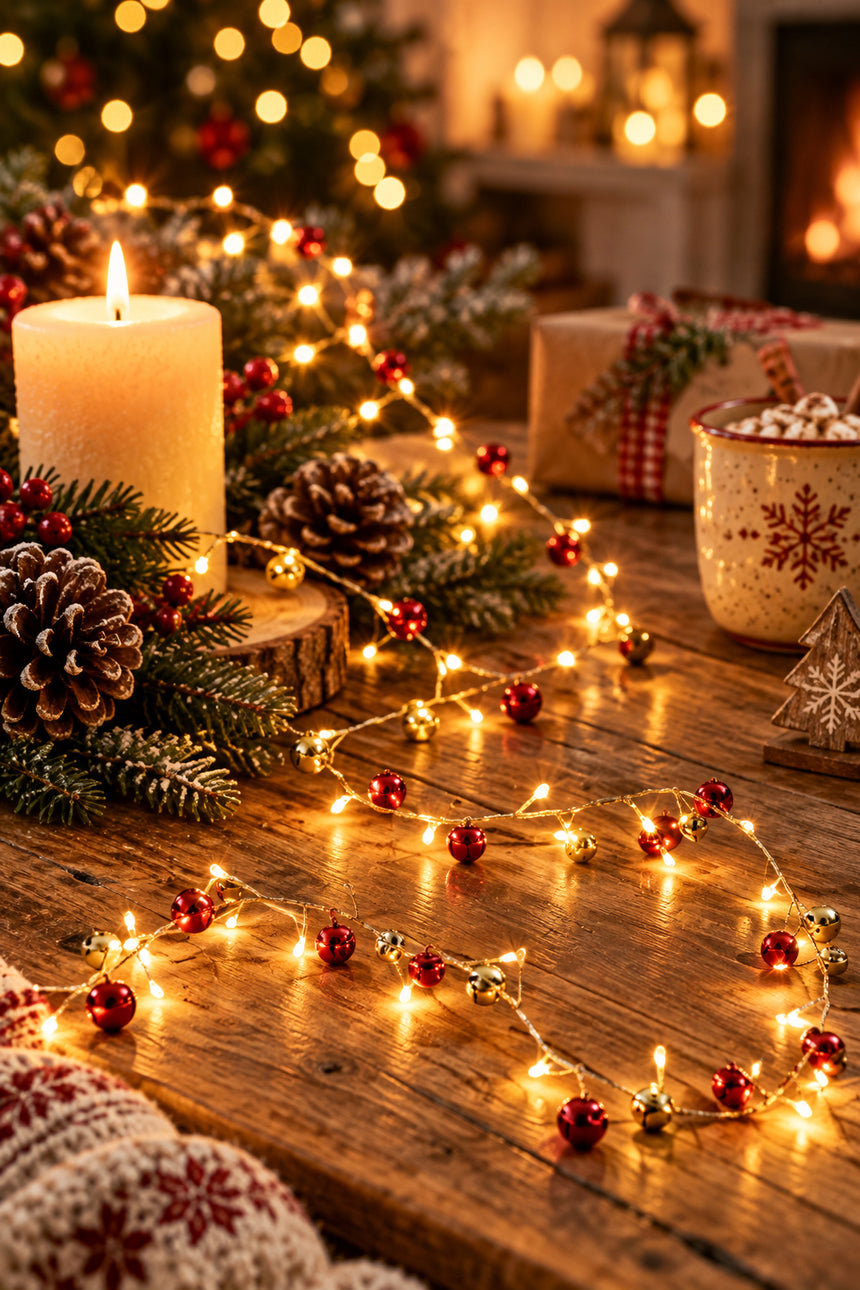 A festive garland with warm white string lights and small red and gold slight bells draped in a curved shape against a plain light gray background.