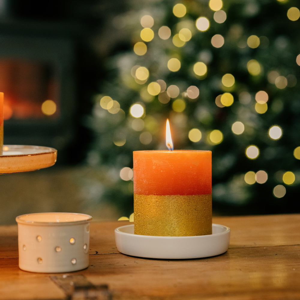 St Eval Gold Dipped Scented Pillar Candle, Orange & Cinnamon