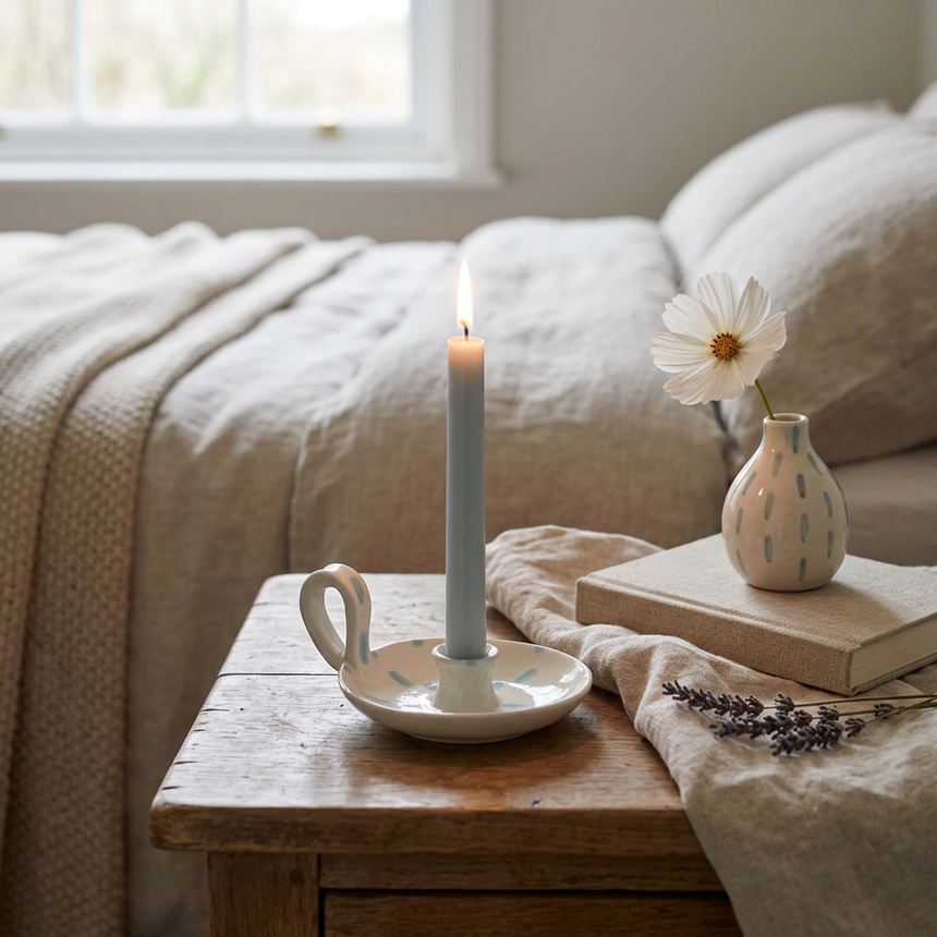 St Eval White Sky Blue Brushmarks candle holder
