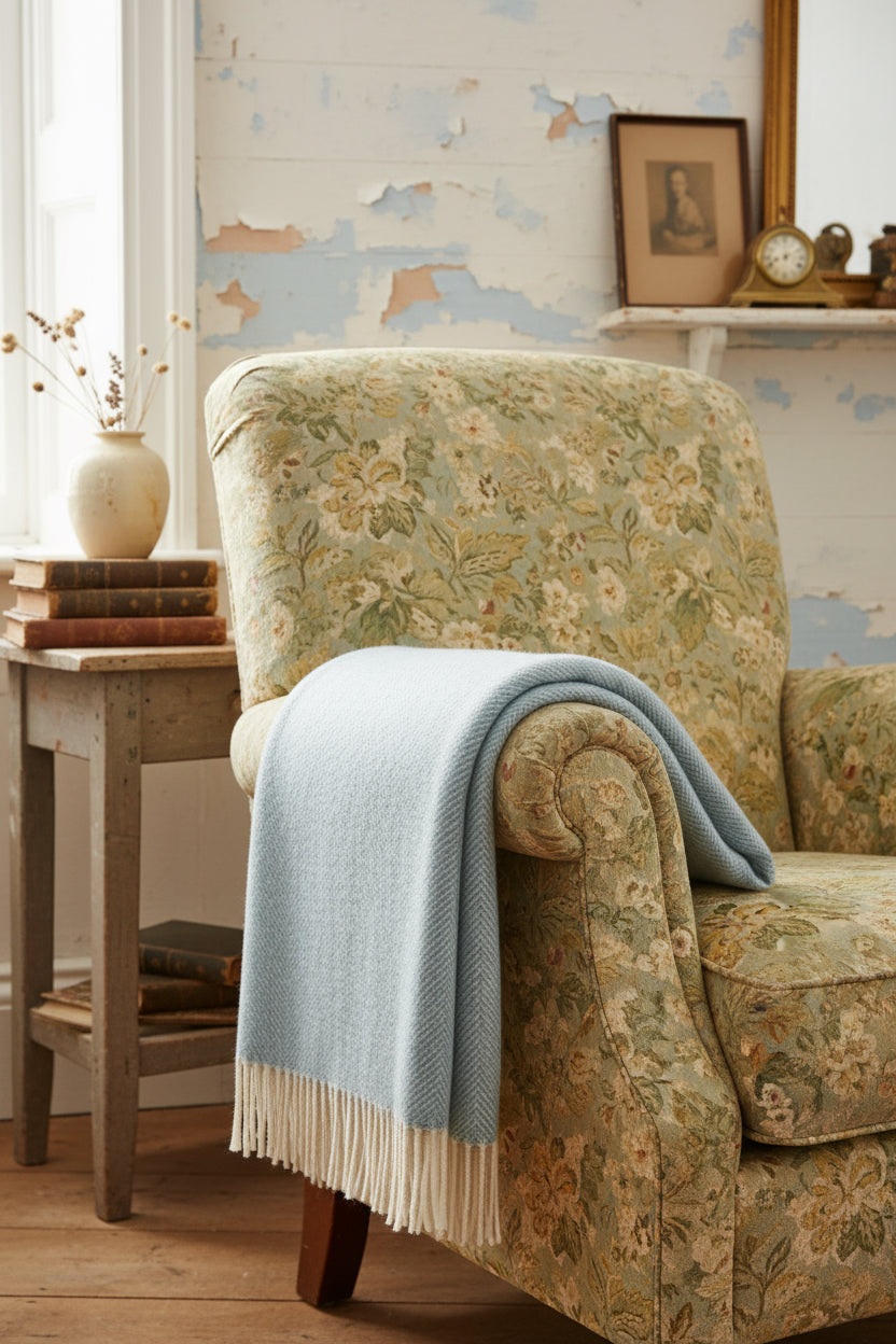A duck egg blue wool throw with a classic herringbone pattern and tassels at the bottom.