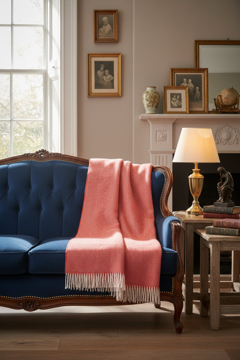 A red herringbone patterned Shetland wool throw with tassels on the ends, laid flat on a white background.