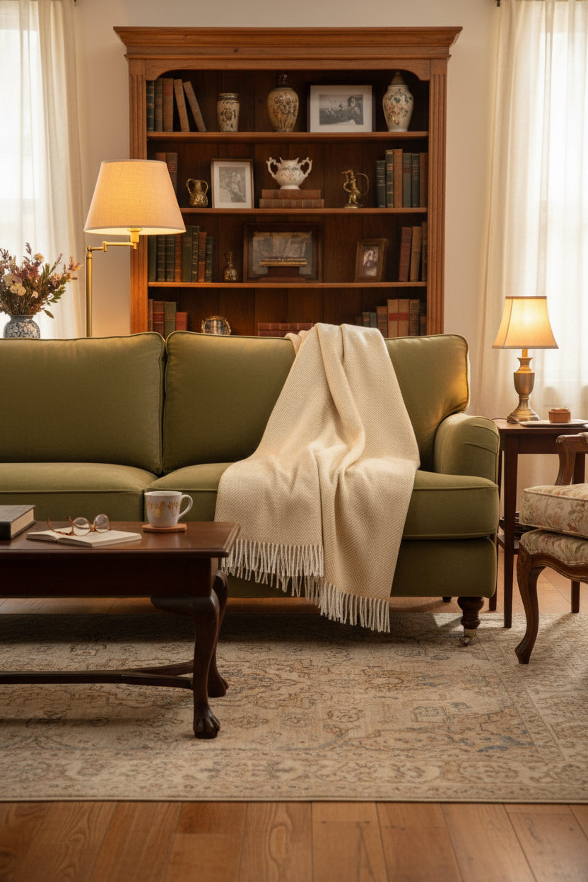 A beige merino wool throw with a herringbone pattern and tassels on the sides, laid flat on a white background.