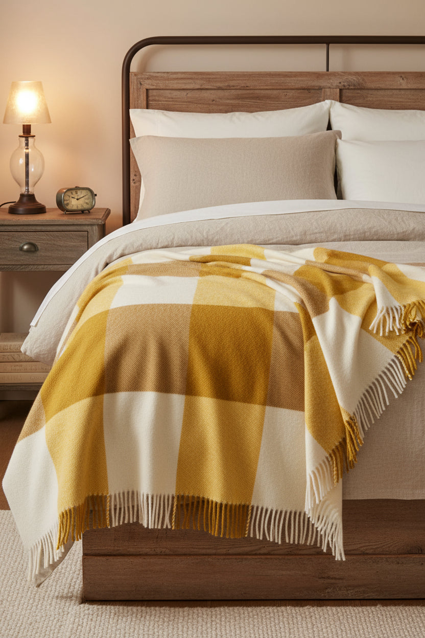 A Bronte By Moon merino wool throw in a block check pattern with gold and yellow hues, featuring tassels on the edges.