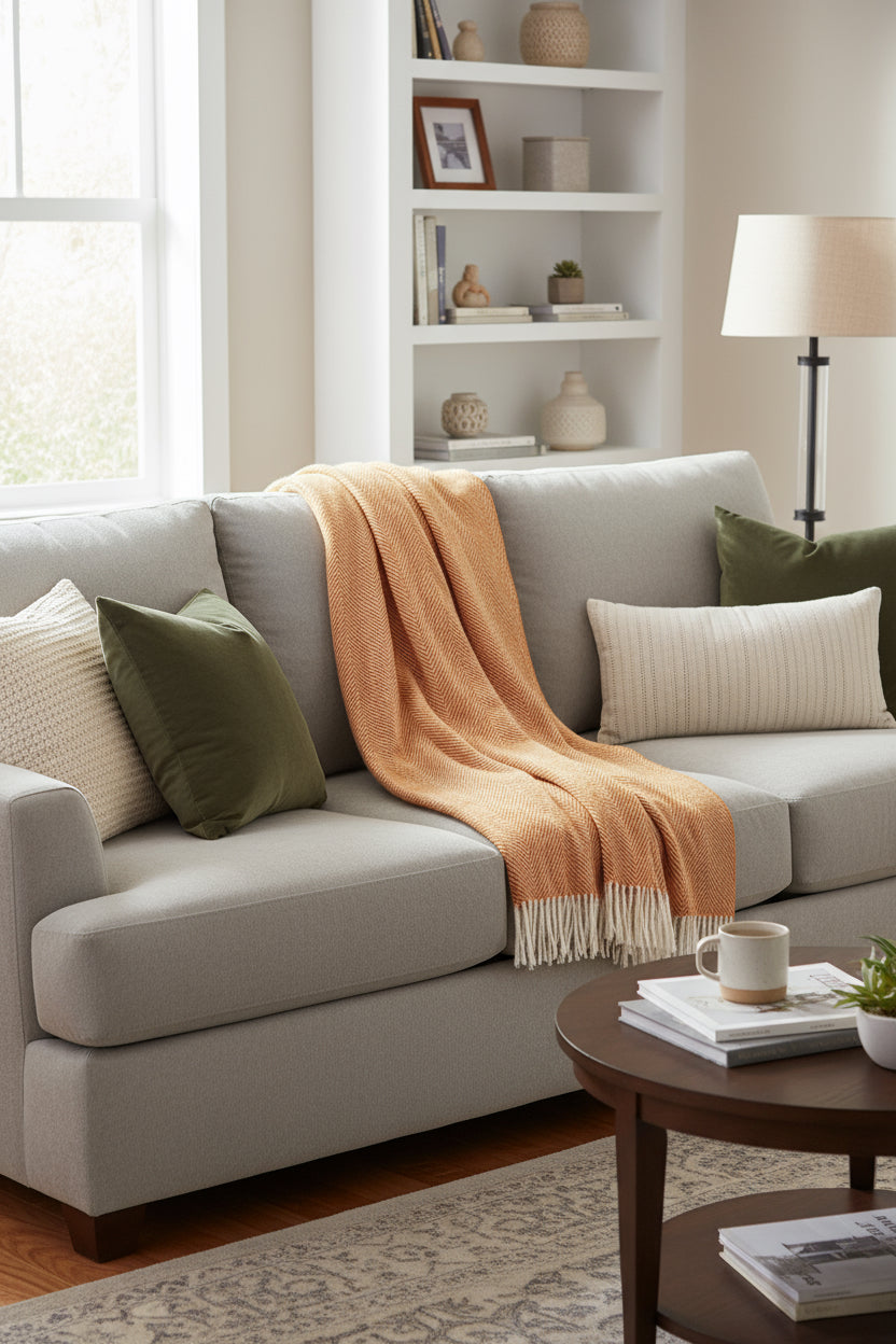Brown woven blanket with white fringe on a white background