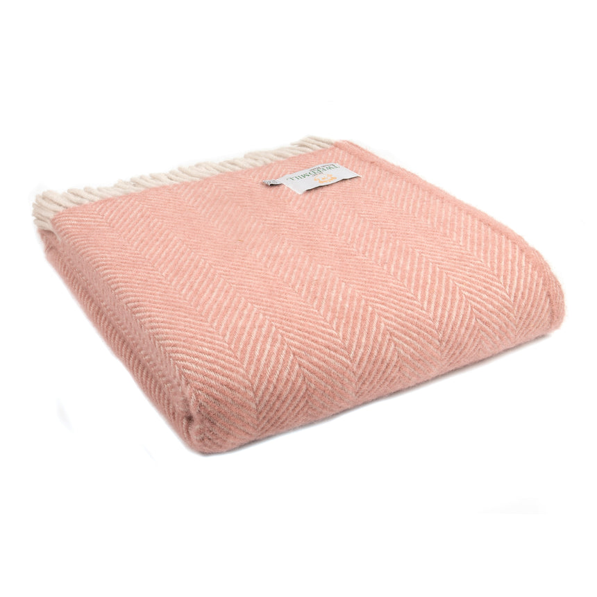 Tweedmill Fishbone Pure New Wool Throw, Dusty Pink & Pearl