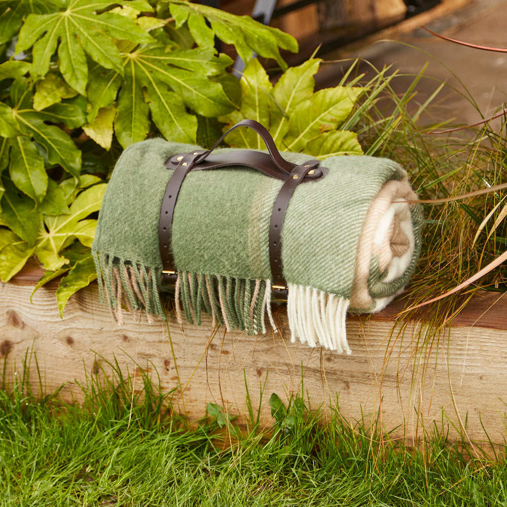 Tweedmill Polo Pure Wool Knitted Picnic Blanket, Block Check Olive