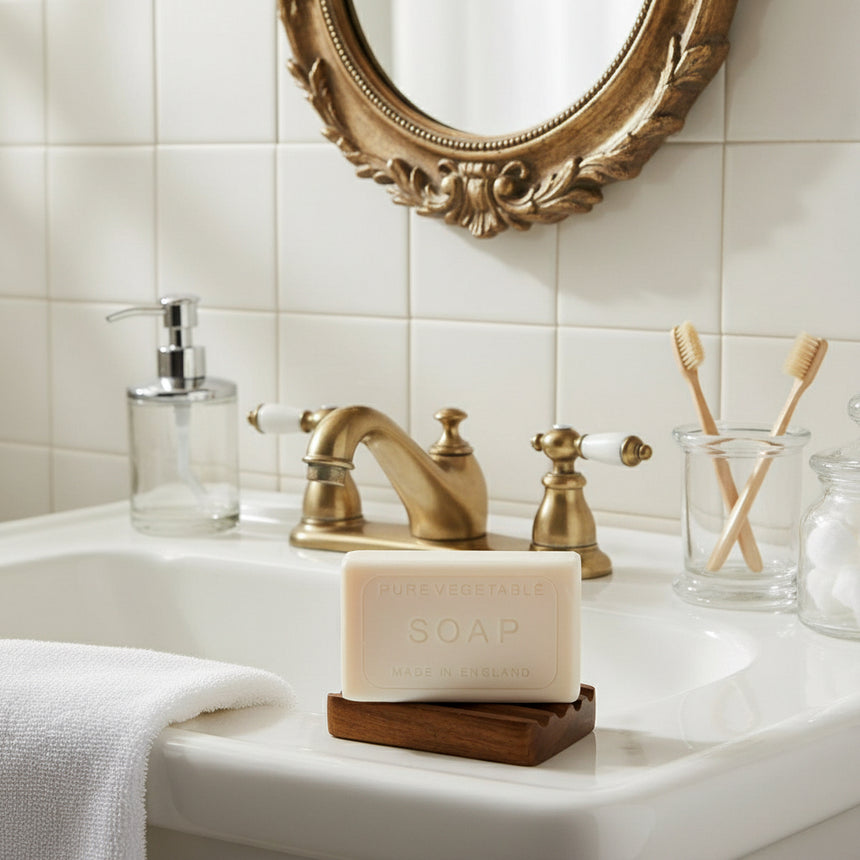 Bar of pure vegetable soap on a wooden soap dish with a marble background