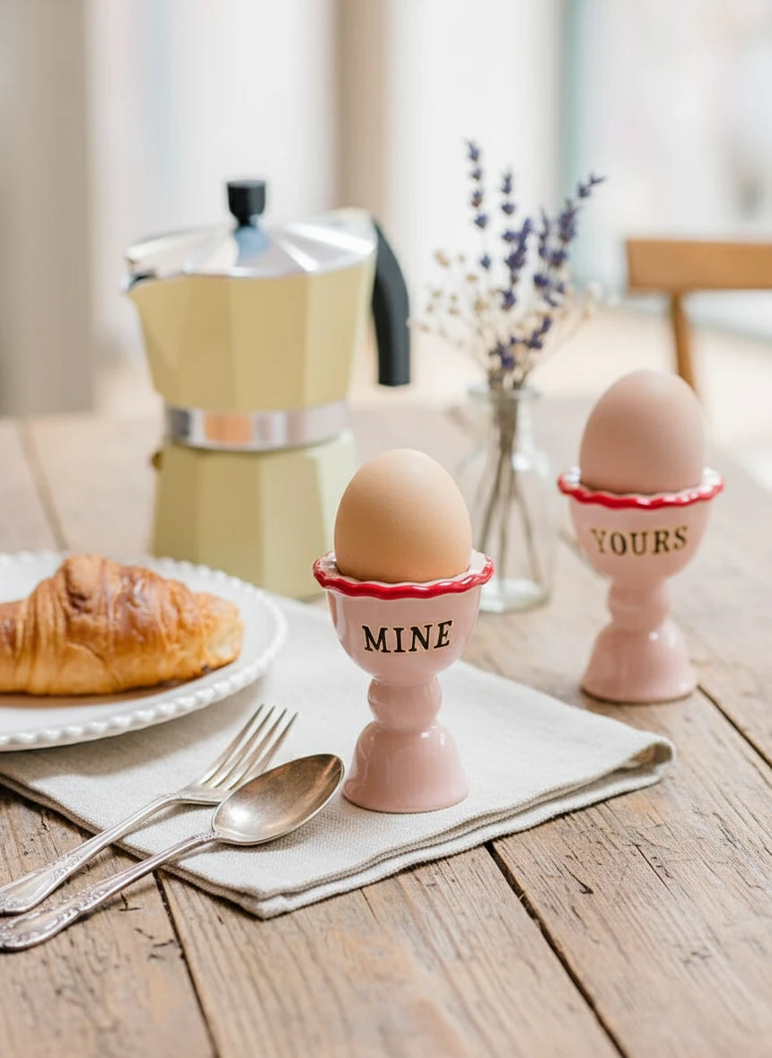 Two eggs in pink holders labeled 'MINE' and 'YOURS' on a kitchen counter.