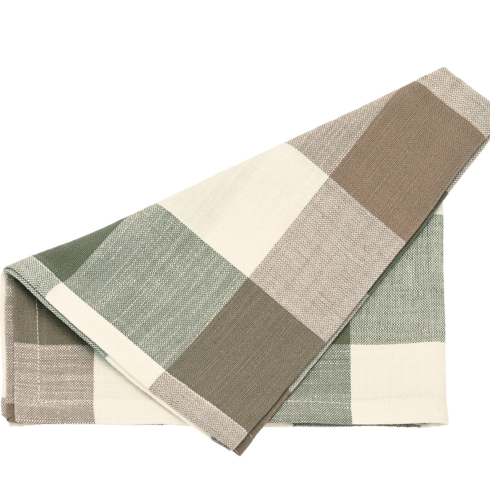 Folded fabric napkin with a checkered pattern in green, beige, and white on a white background