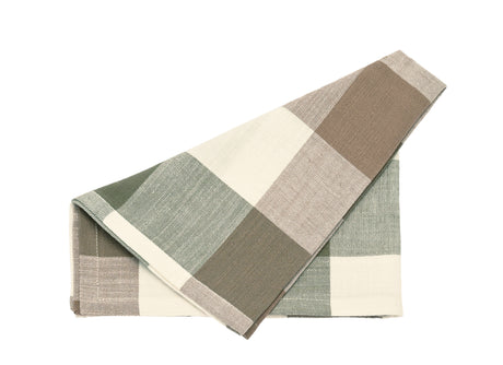 Folded fabric napkin with a checkered pattern in green, beige, and white on a white background