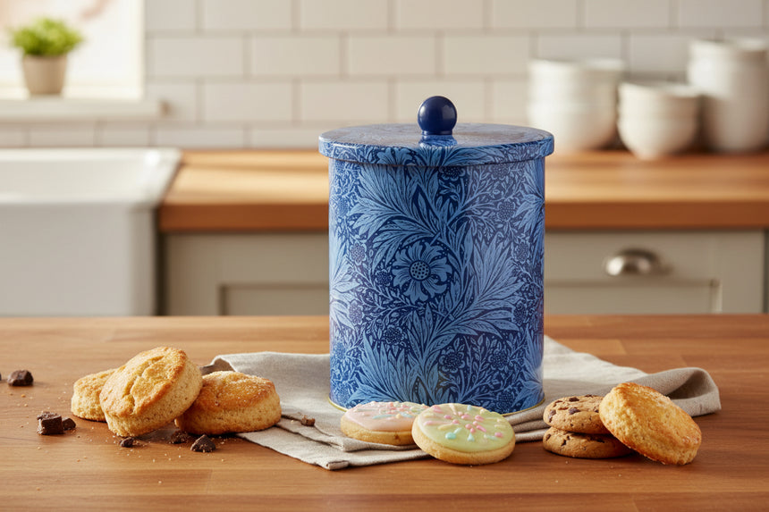 Blue floral-patterned jar with a matching lid on a white background