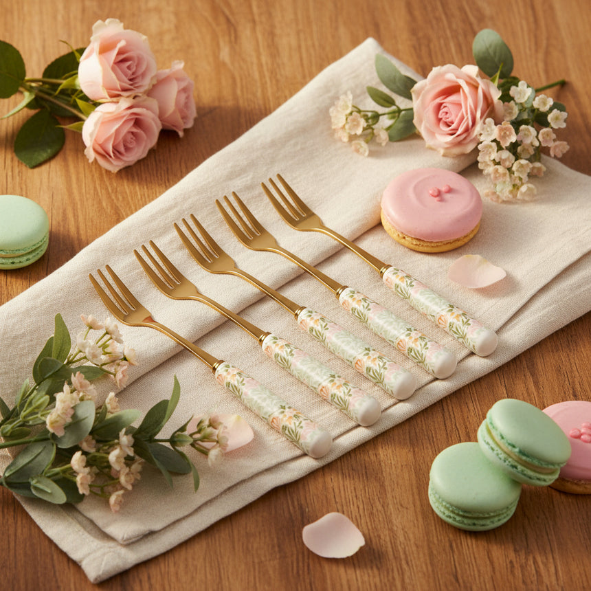 Four mini forks with gold-toned metal tines and handles decorated with a delicate pastel floral pattern on a white background.