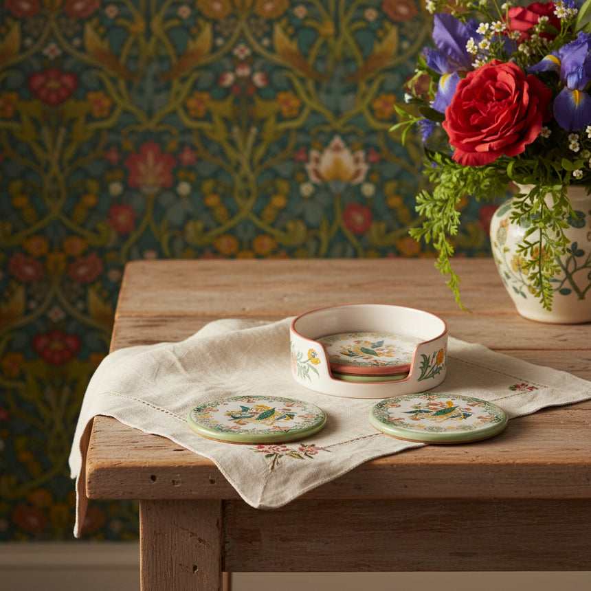 A set of four ceramic coasters with a matching round storage container, featuring a detailed floral and bird pattern in soft pastel colors on a white background.