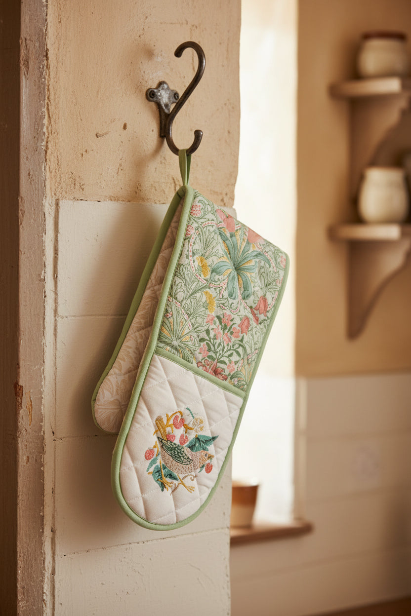 A quilted fabric oven mitt with a botanical pattern on the upper section and a whimsical embroidered frog design on the lower pocket, set against a plain white background.