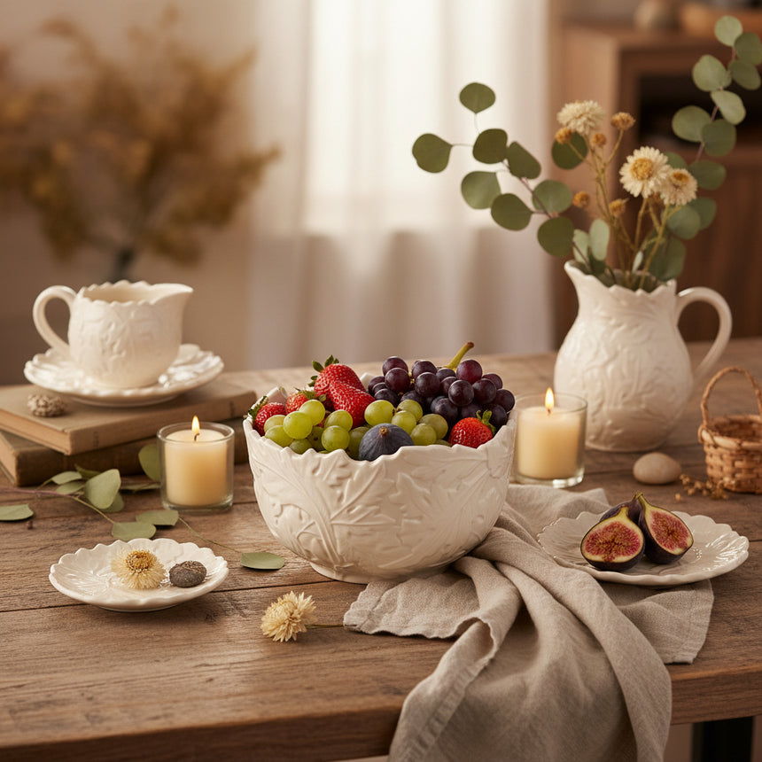 An off-white ceramic bowl with a textured leaf pattern and a scalloped rim, shown on a plain white background.