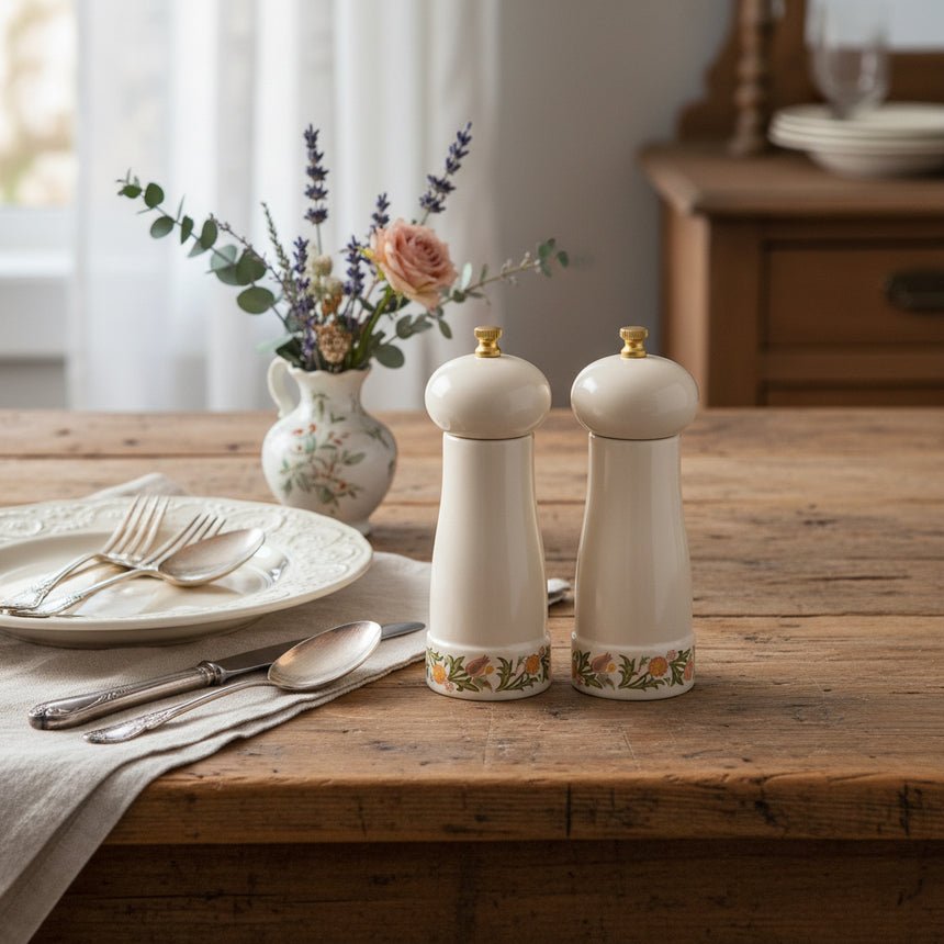 A pair of cream-colored ceramic pepper and salt mills with gold-toned metal tops and a delicate floral pattern near the base, set against a plain white background.