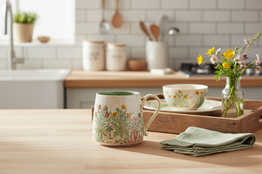 A ceramic mug with a textured cream exterior decorated with a vintage-style wildflower pattern in green, yellow, and orange, featuring a light green interior and a cream handle.