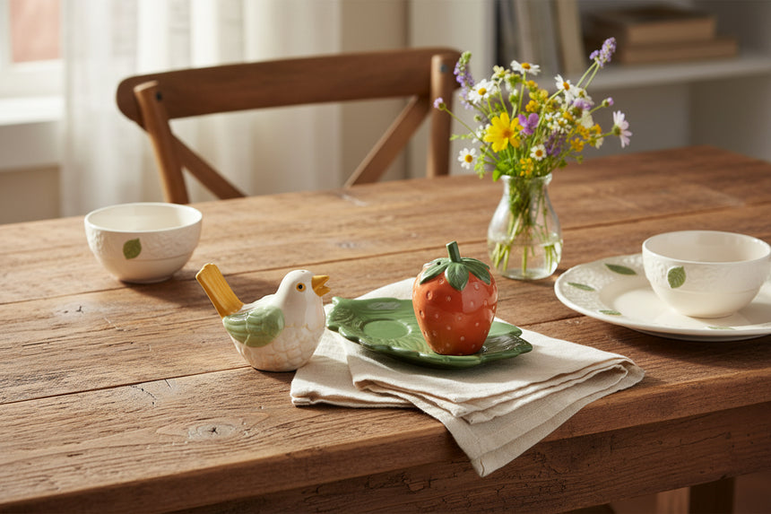 A ceramic bird and strawberry salt and pepper shaker set on a white background. The bird is white with a green wing, yellow beak, and brown tail.