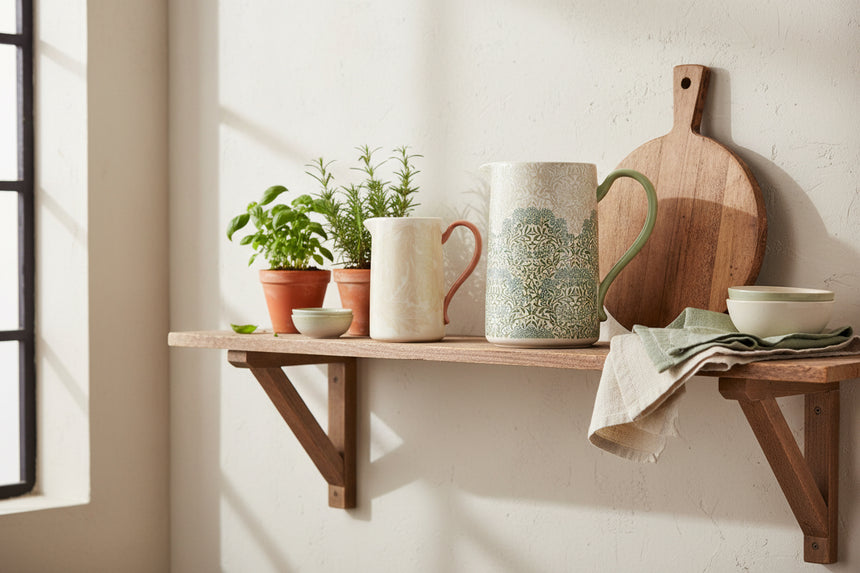 Two ceramic pitchers on a white background, one small with a coral handle and one larger with a green handle and a blue-green floral pattern over an off-white base.