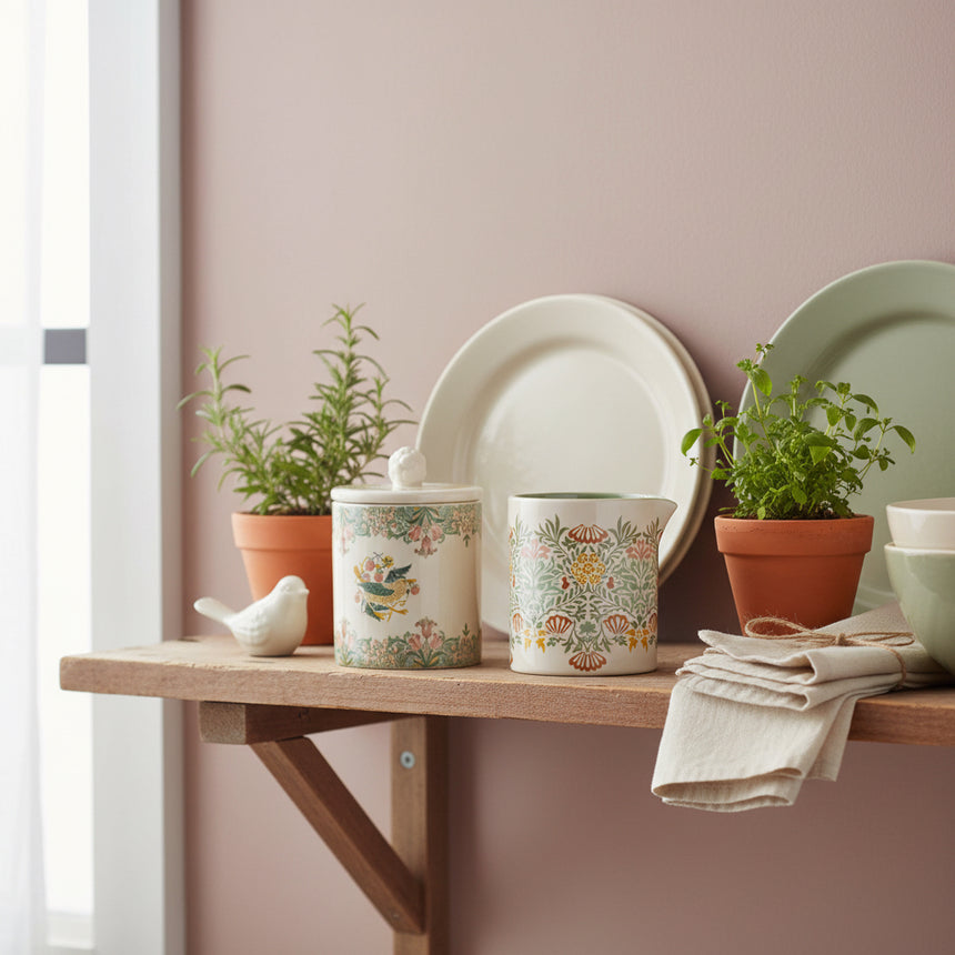 A ceramic sugar bowl with a matching lid and a small pitcher, both decorated with a vintage floral and bird pattern in soft green, orange, yellow, and blue on an off-white background.