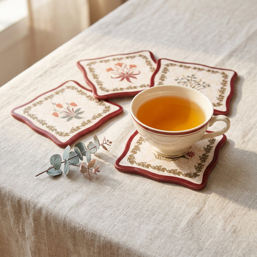 Four square ceramic coasters with rounded corners, featuring a cream background, a dark red border, and a floral design in the center.