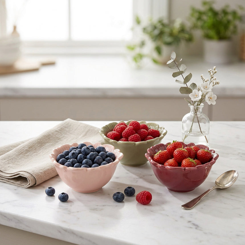 Three small scalloped ceramic bowls in pastel pink, muted olive green, and dusty rose red, arranged side by side on a plain white background.