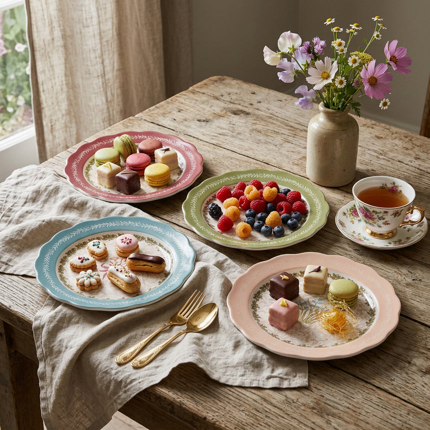 Four scalloped ceramic plates with floral designs in red, blue, green, and peach, arranged on a plain white background.
