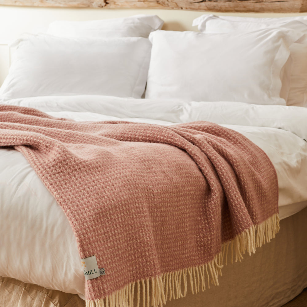 Tweedmill Waffle Pure New Wool Throw Blanket, Dusty Pink