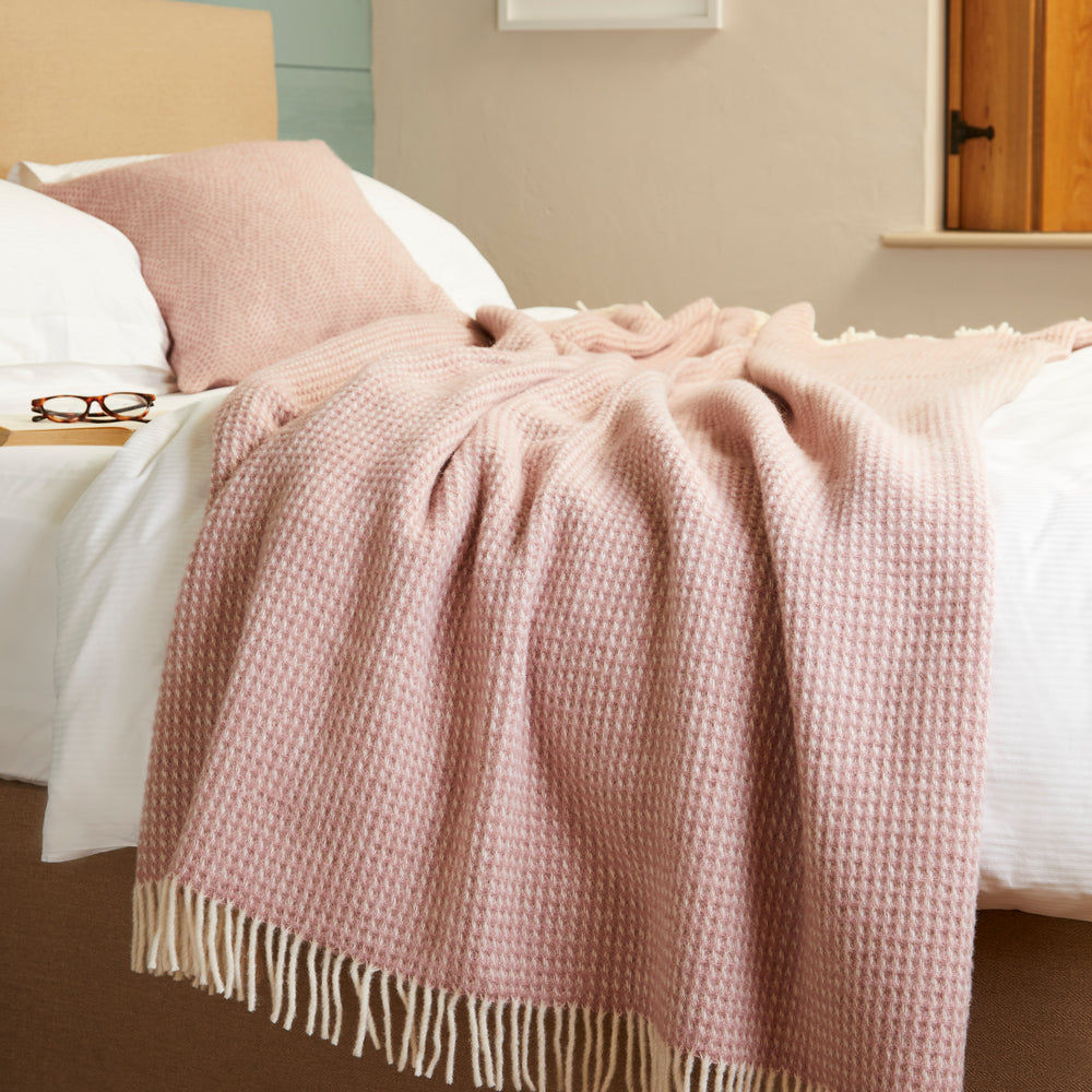 Tweedmill Waffle Pure New Wool Throw Blanket, Dusty Pink